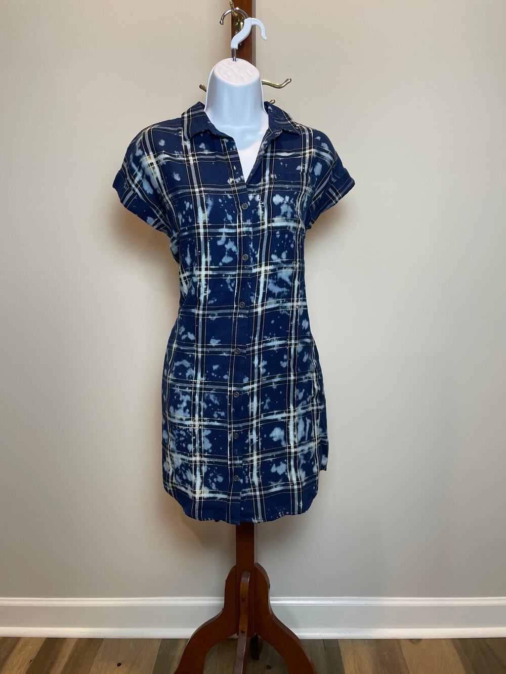 True Craft Plaid Button Down Shirt Dress Size S Navy Cotton